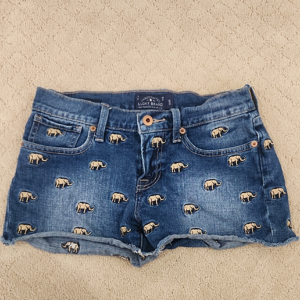 Lucky Brand Blue Denim Shorts with Cream Elephant Embroidery Size 0/25